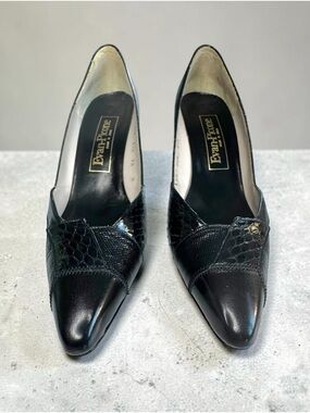 Vintage Evan-Picone Black Leather Kitten Heels Reptile Texture Size 7.5